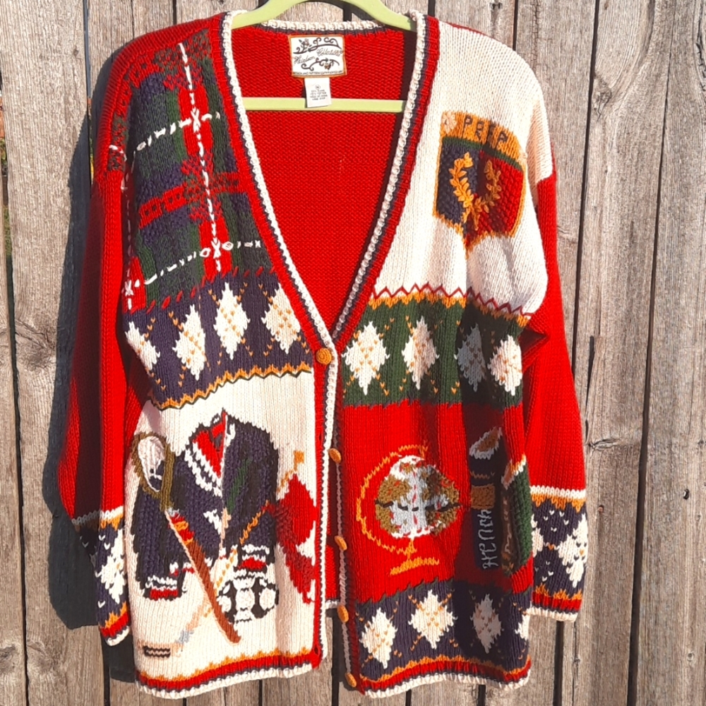 Heirloom Collectibles M Cardigan Sweater Earth Globe Math French Teacher Vintage